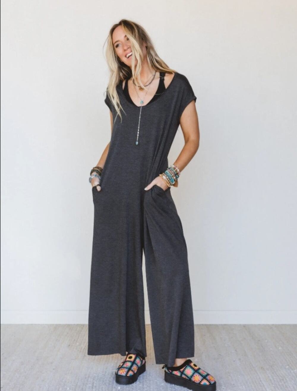 The Nest Daphne Scoop Neck Oversized Relaxed Fit Gray Romper Boho Jumpsuit Sz MM